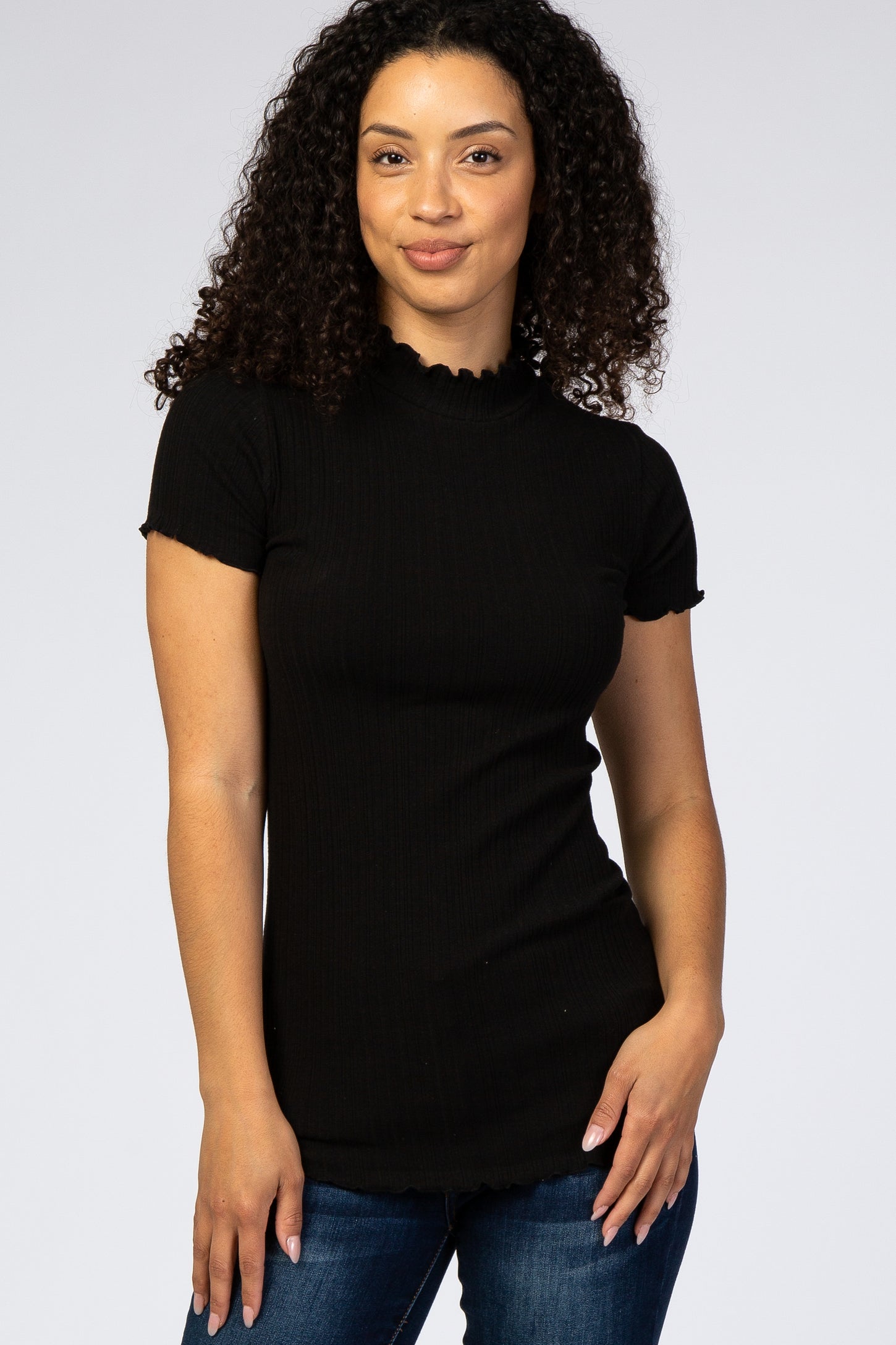 Black Ribbed Ruffle Trim Maternity Top