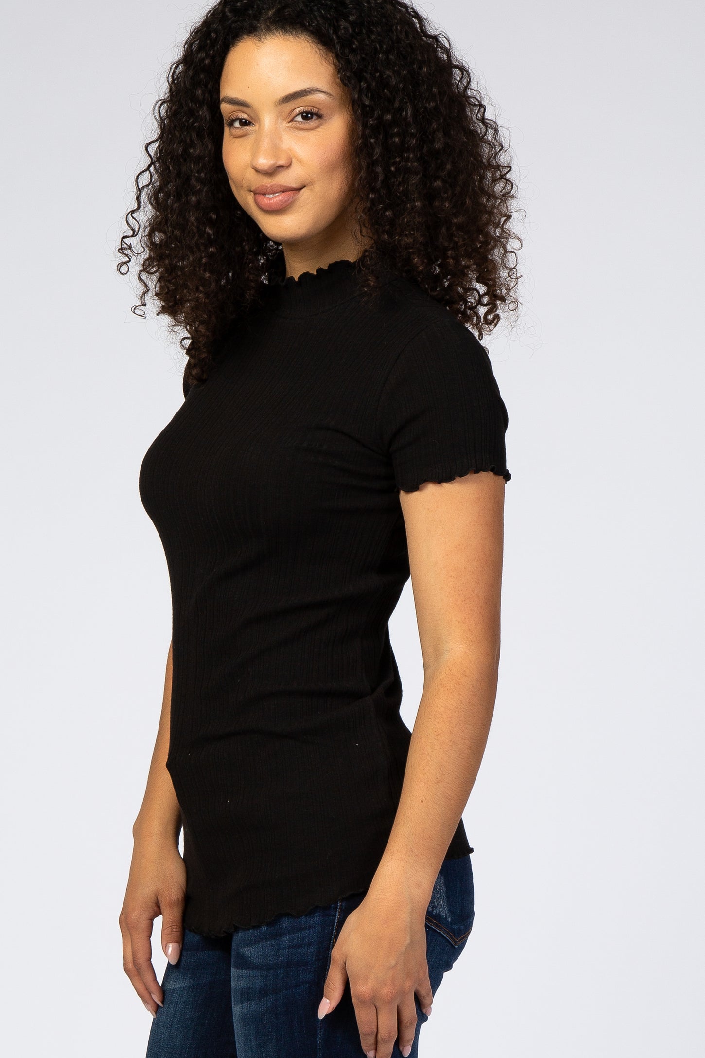 Black Ribbed Ruffle Trim Top