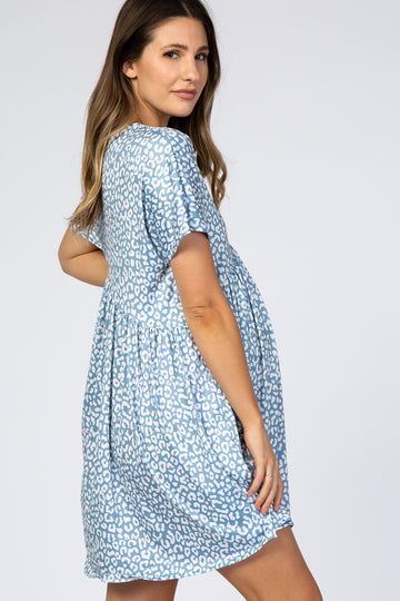 Blue Animal Print Short Sleeve Maternity Dress