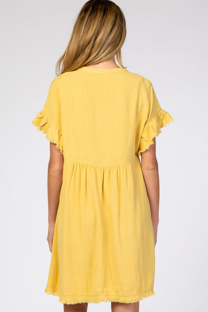 Yellow Linen Fringe Trim Babydoll Maternity Dress