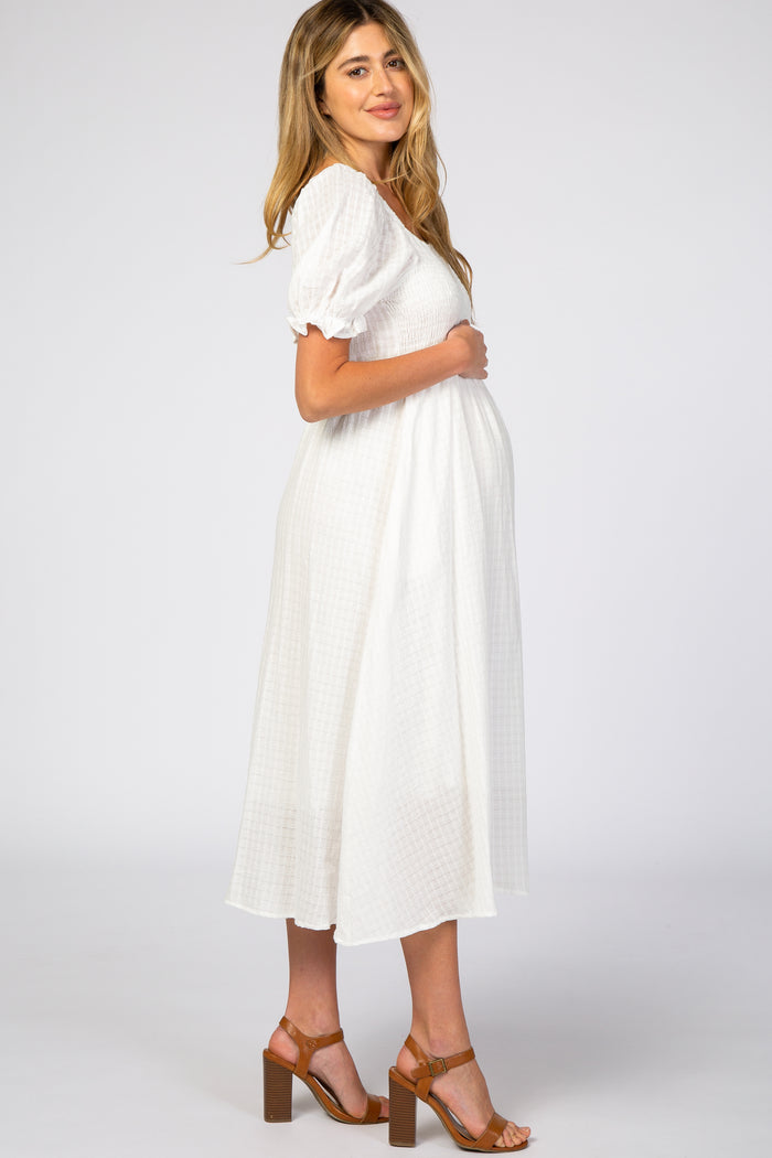 White Smocked Puff Sleeve Maternity Midi Dress