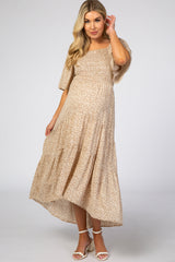 Ivory Floral Smocked Square Neck Maternity Midi Dress