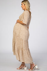 Ivory Floral Smocked Square Neck Maternity Midi Dress