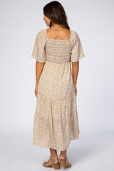 Ivory Floral Smocked Square Neck Midi Dress