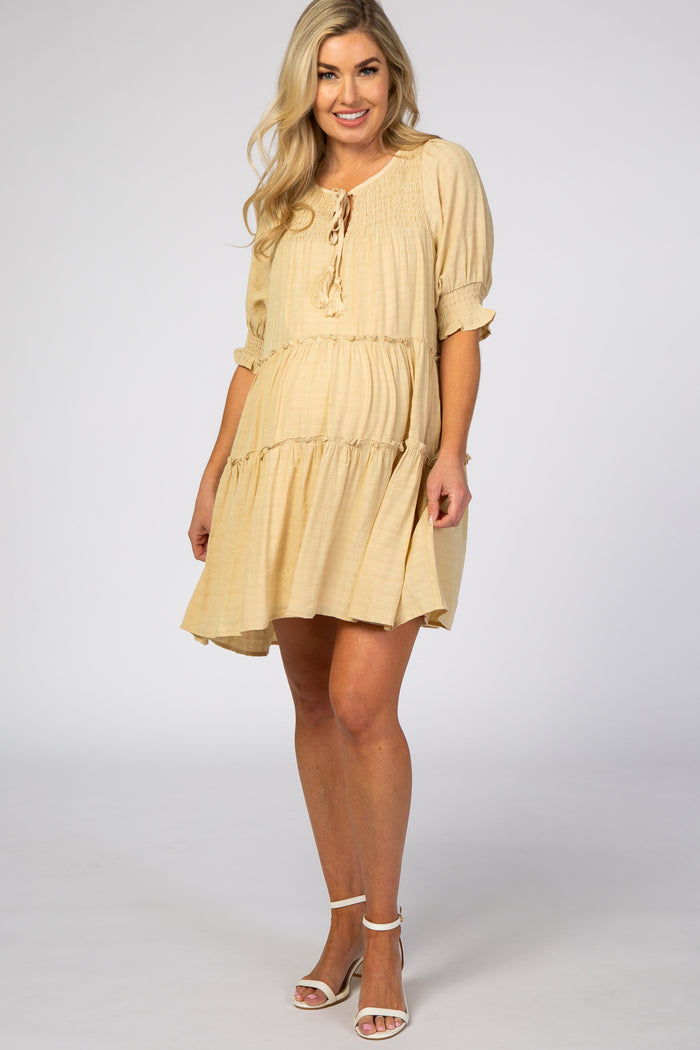 Cream Smocked Tiered Maternity Dress
