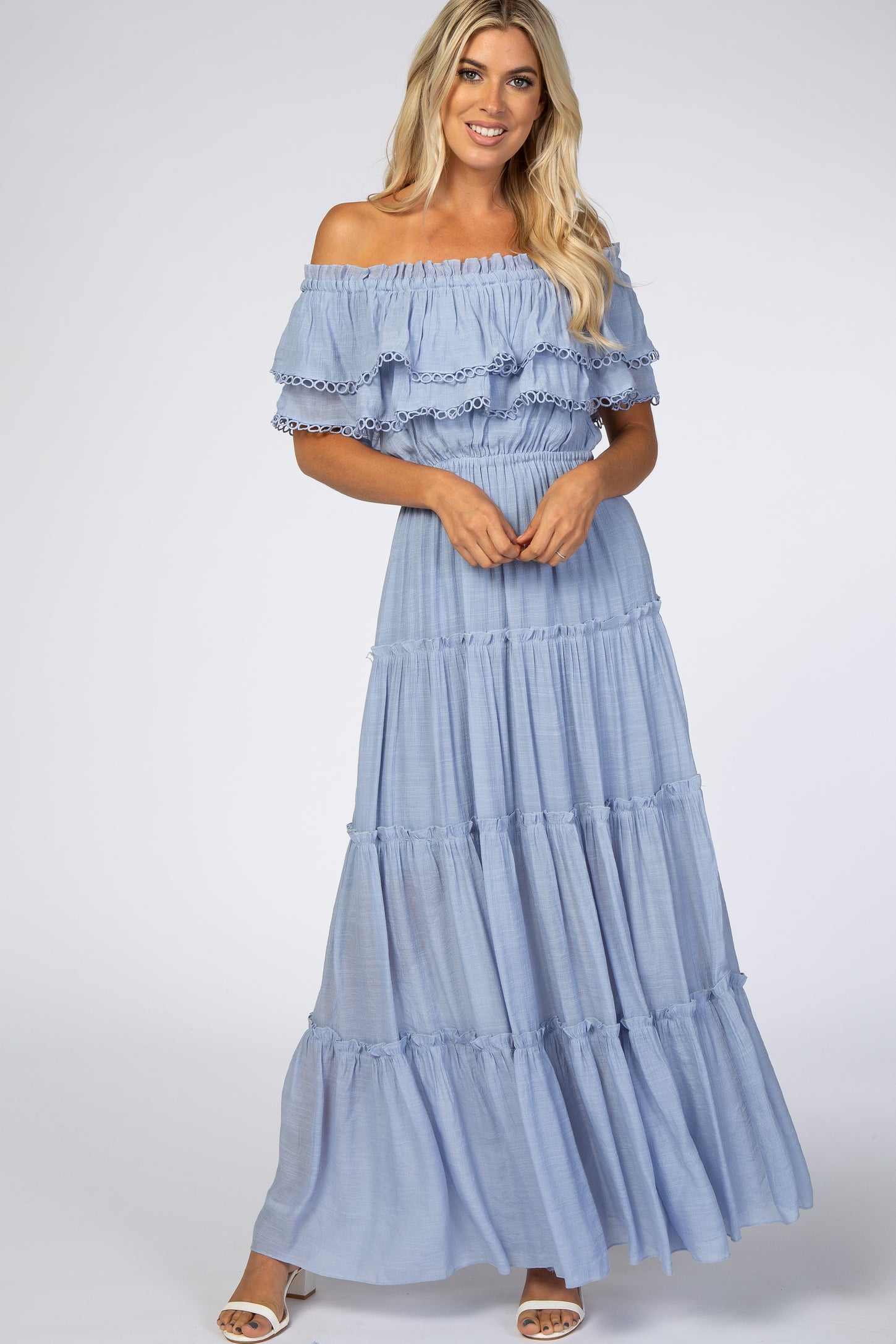 Light Blue Off Shoulder Eyelet Tiered Maternity Maxi Dress