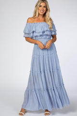 Light Blue Off Shoulder Eyelet Tiered Maternity Maxi Dress