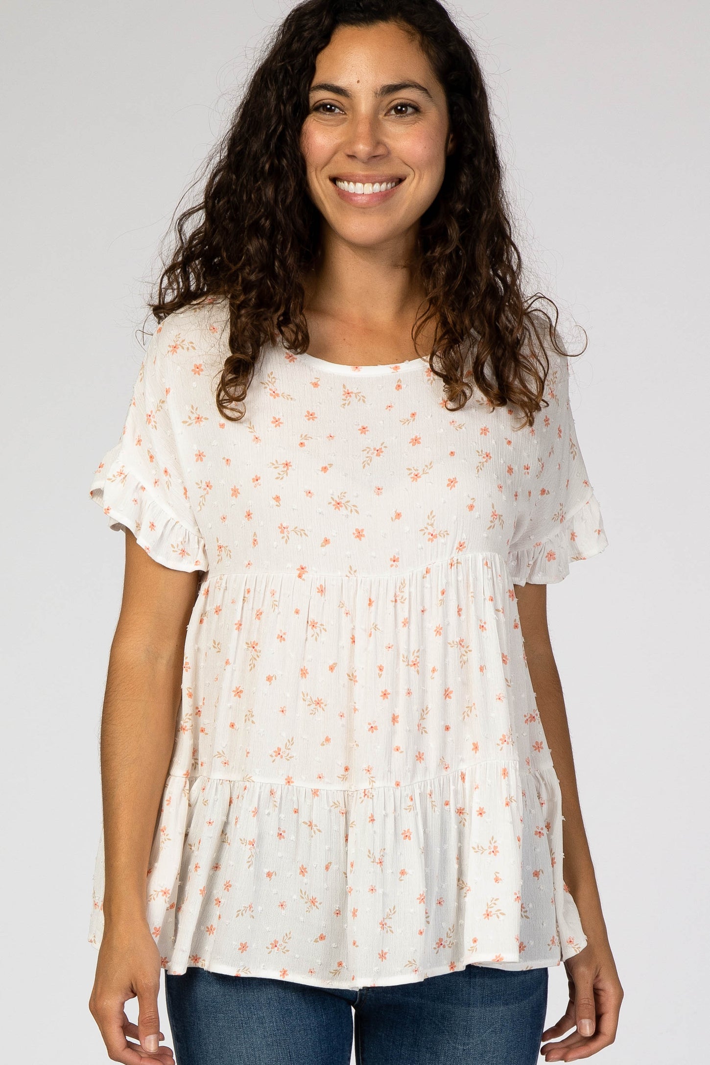 Ivory Floral Swiss Dot Tiered Top