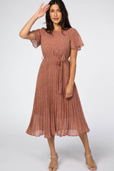Rust Leaf Print Pleated Maternity Midi Dress