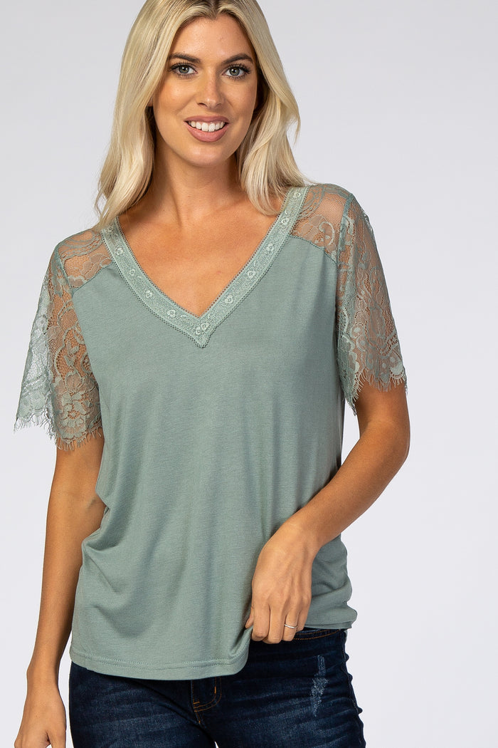 Sage Lace Sleeve V Neck Top