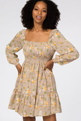 Taupe Floral Chiffon Smocked Square Neck Dress