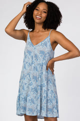 Blue Tropical Floral Print Front Button Dress