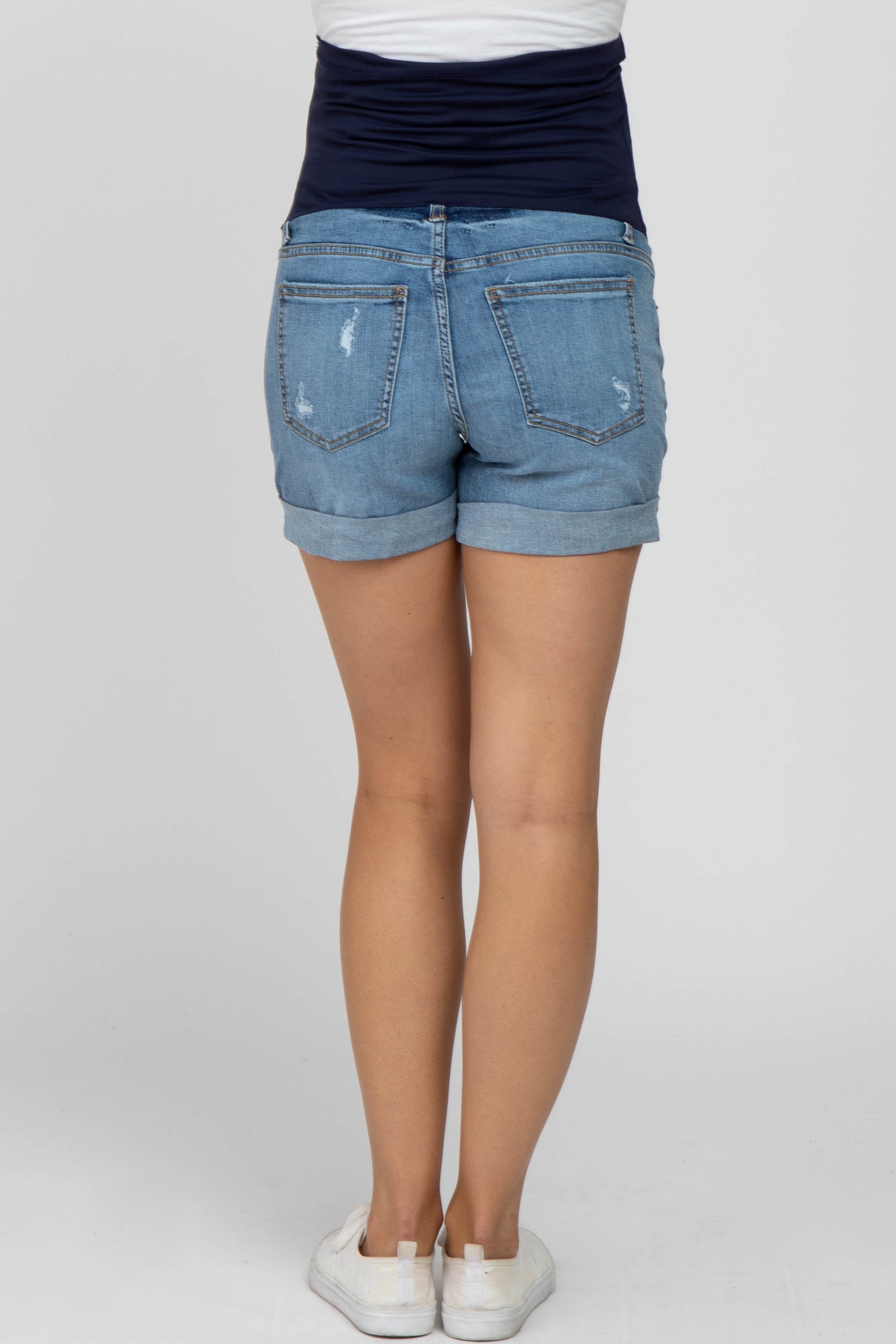 Blue Distressed Cuffed Maternity Denim Shorts