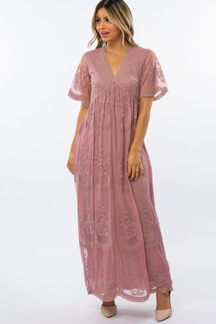 Mauve Lace Mesh Overlay Maternity Maxi Dress