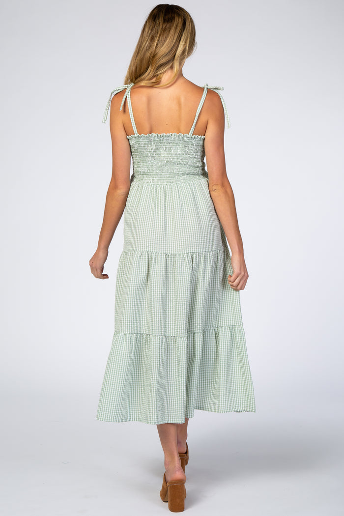 Mint Checkered Tiered Maternity Midi Dress