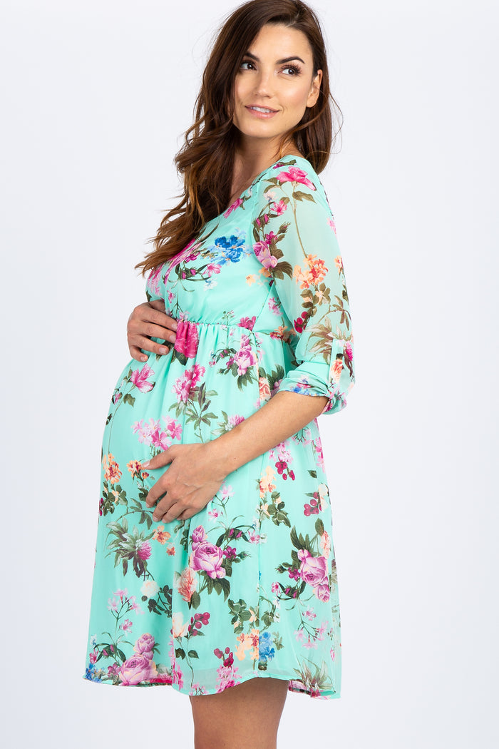 PinkBlush Mint Floral Chiffon Maternity Dress
