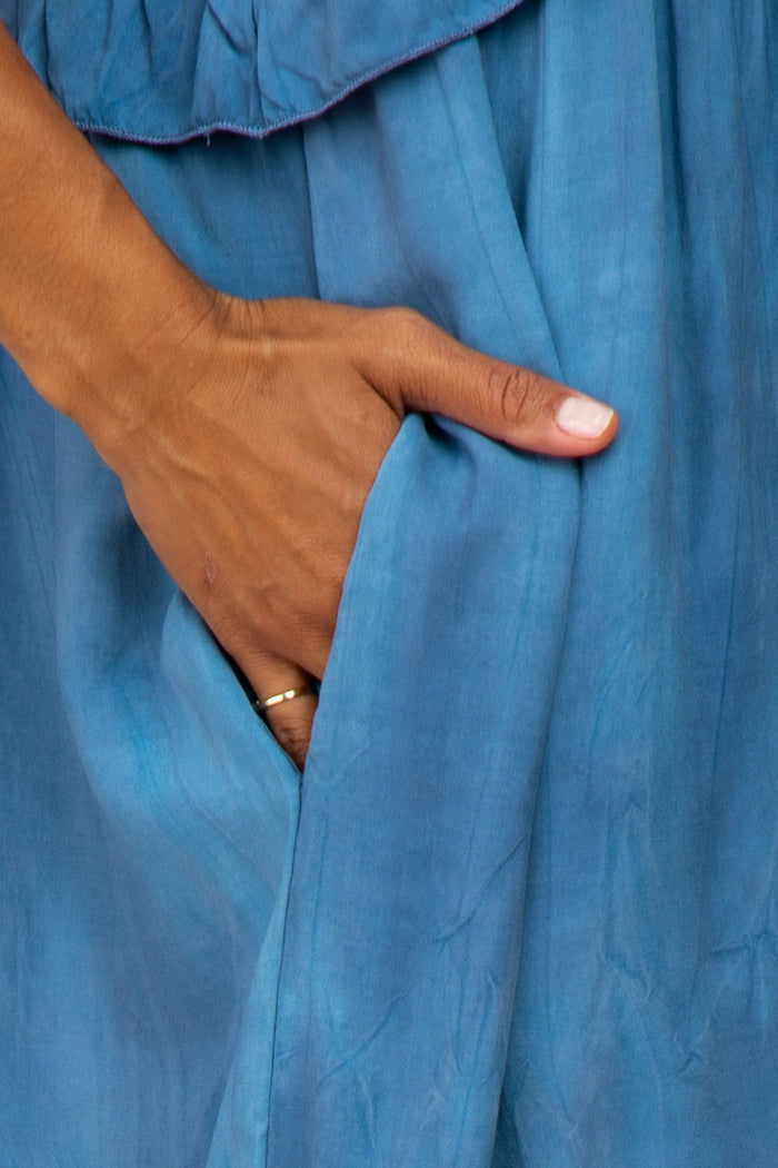 Blue Halter Neck Ruffle Accent Dress