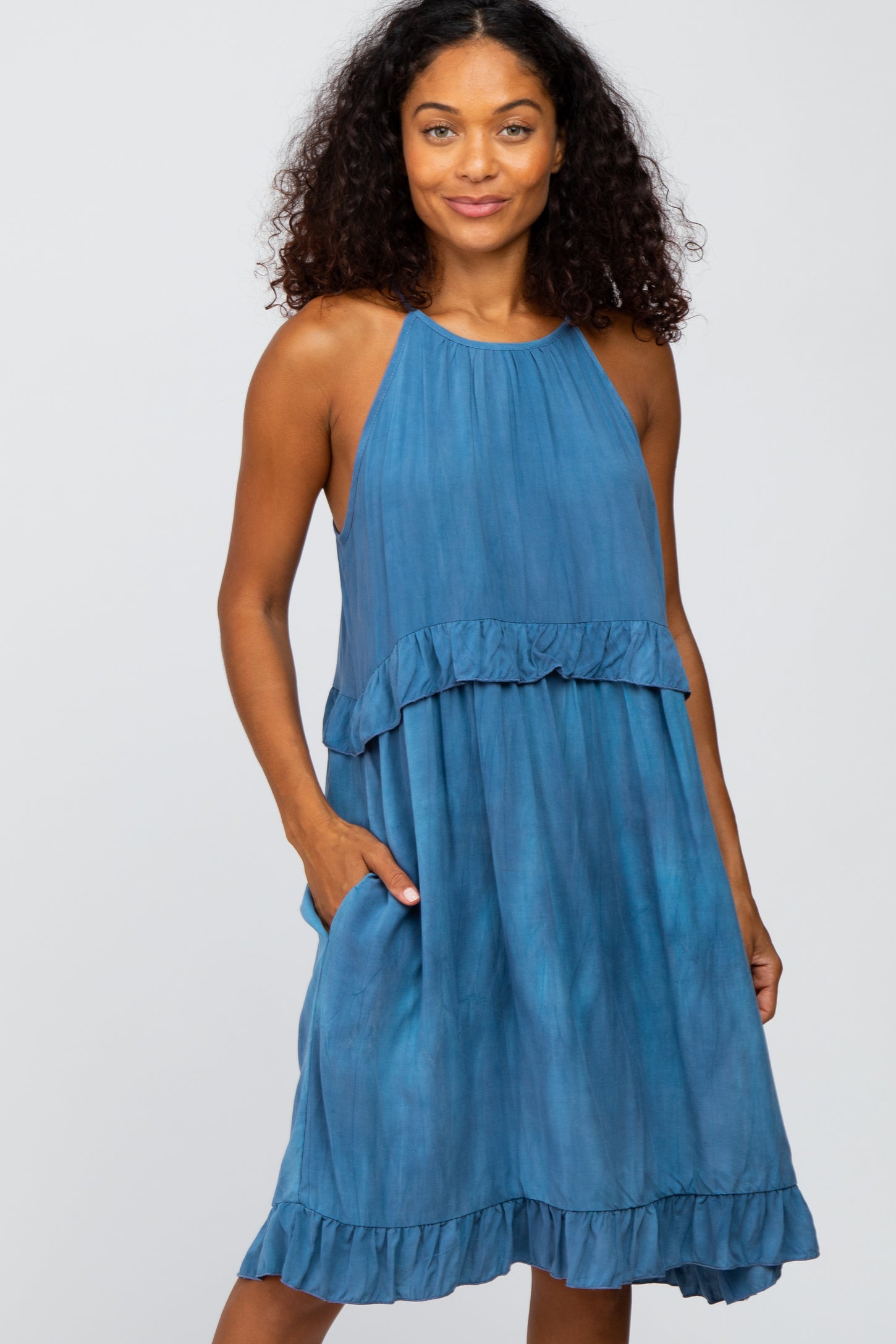 Blue Halter Neck Ruffle Accent Dress
