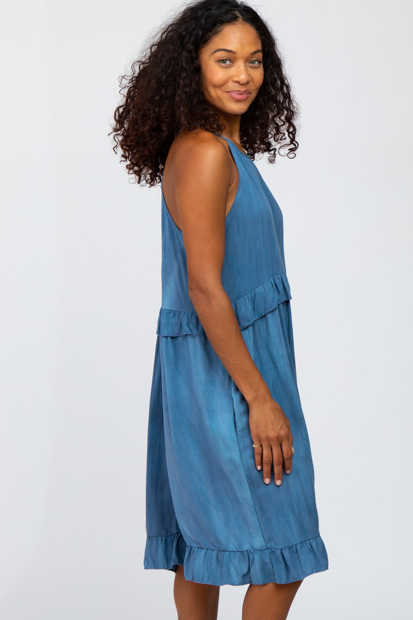 Blue Halter Neck Ruffle Accent Dress