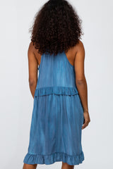 Blue Halter Neck Ruffle Accent Dress