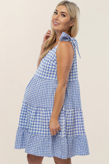 Blue Gingham Tiered Maternity Dress