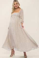 Beige Chiffon Printed Square Neck Empire Maternity Maxi Dress