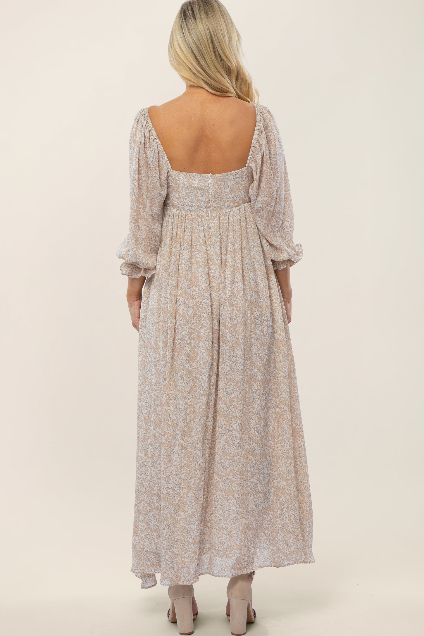 Beige Chiffon Printed Square Neck Empire Maternity Maxi Dress