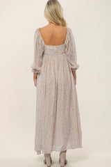 Beige Chiffon Printed Square Neck Empire Maternity Maxi Dress