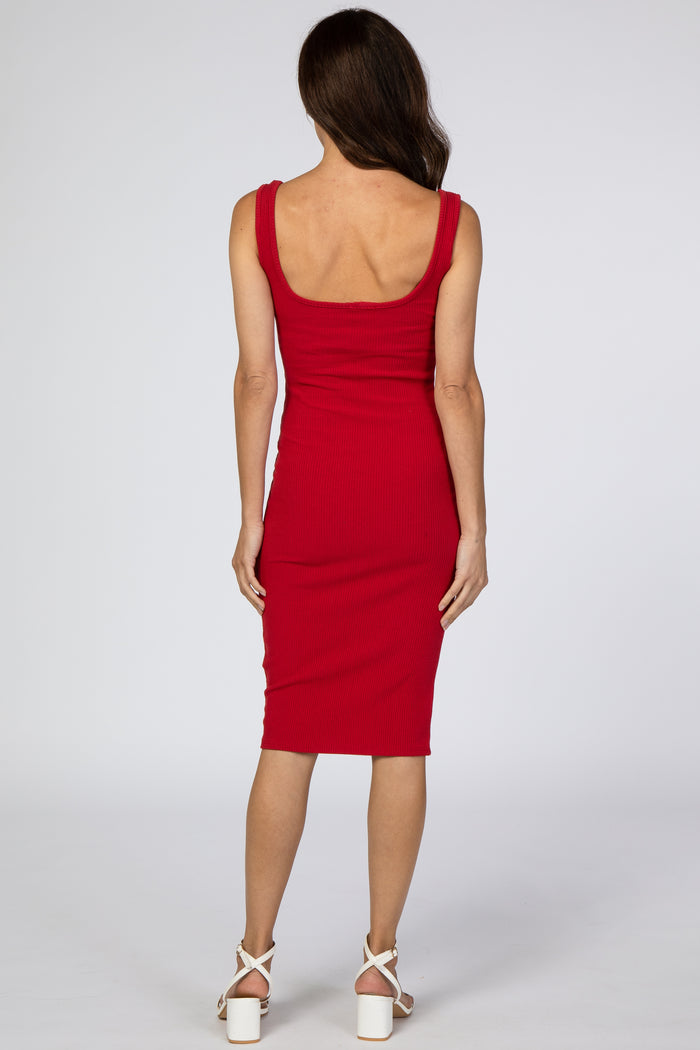 Red Ribbed Square Neck Dress