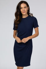 Navy Ribbed Ruched Side Fitted Short Sleeve Dress