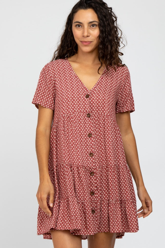 Burgundy Leaf Print Button Front Dress