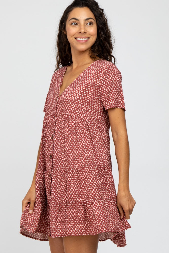 Burgundy Leaf Print Button Front Dress