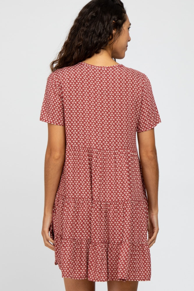 Burgundy Leaf Print Button Front Dress