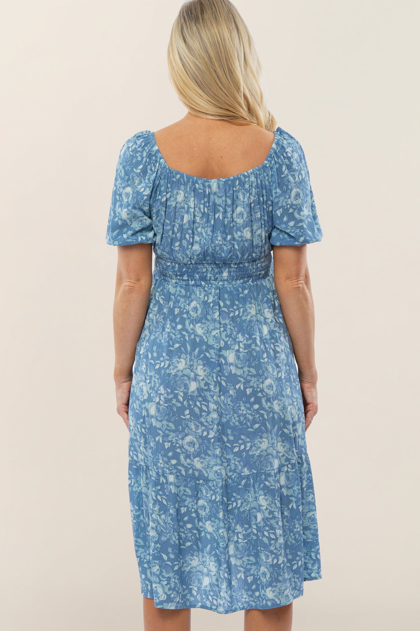 Blue Floral Scoop Neck Bubble Sleeve Maternity Midi Dress