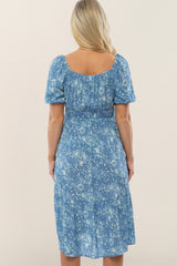 Blue Floral Scoop Neck Bubble Sleeve Maternity Midi Dress