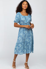 Blue Floral Scoop Neck Bubble Sleeve Maternity Midi Dress