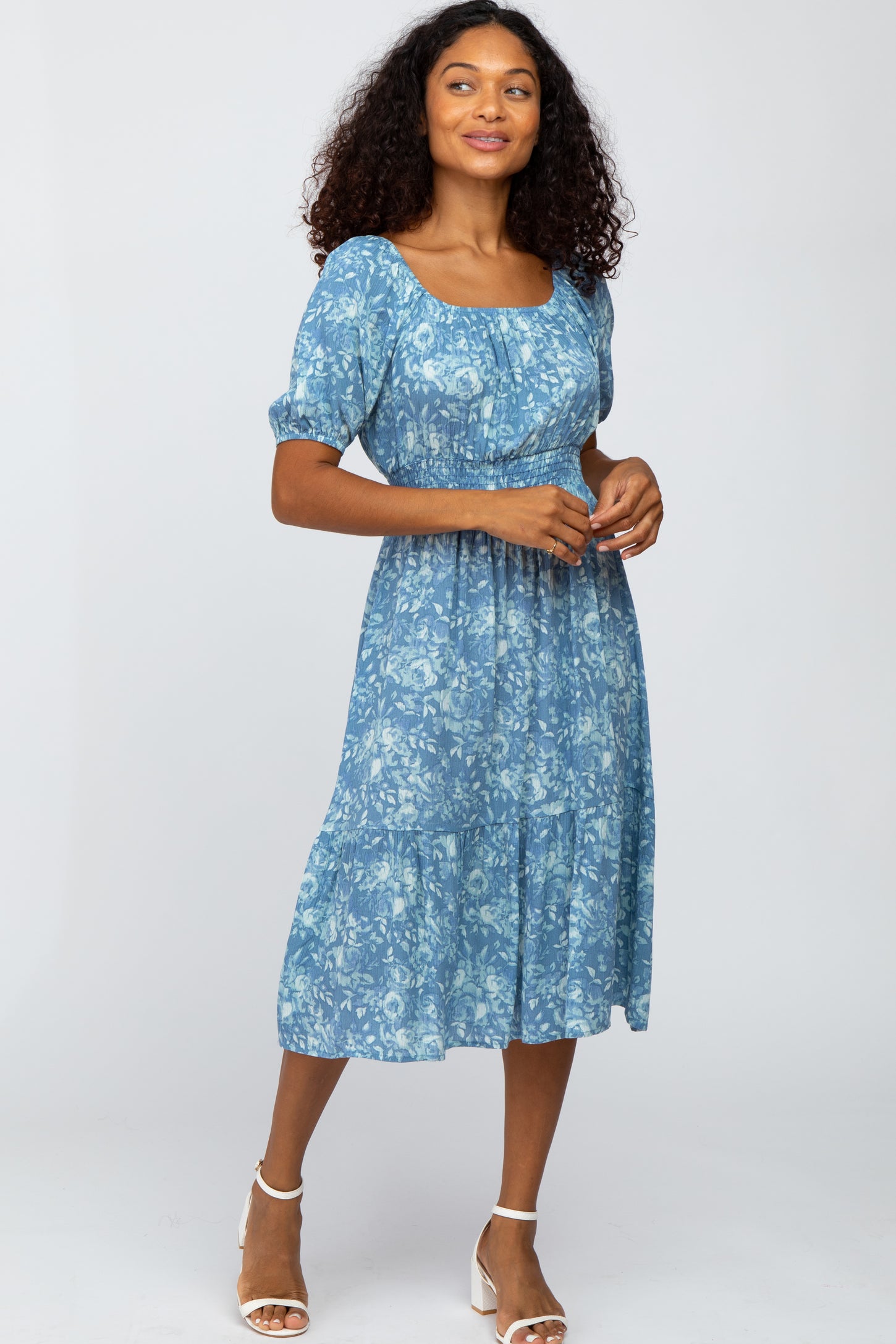 Blue Floral Scoop Neck Bubble Sleeve Midi Dress