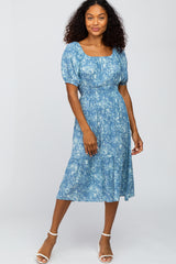 Blue Floral Scoop Neck Bubble Sleeve Midi Dress