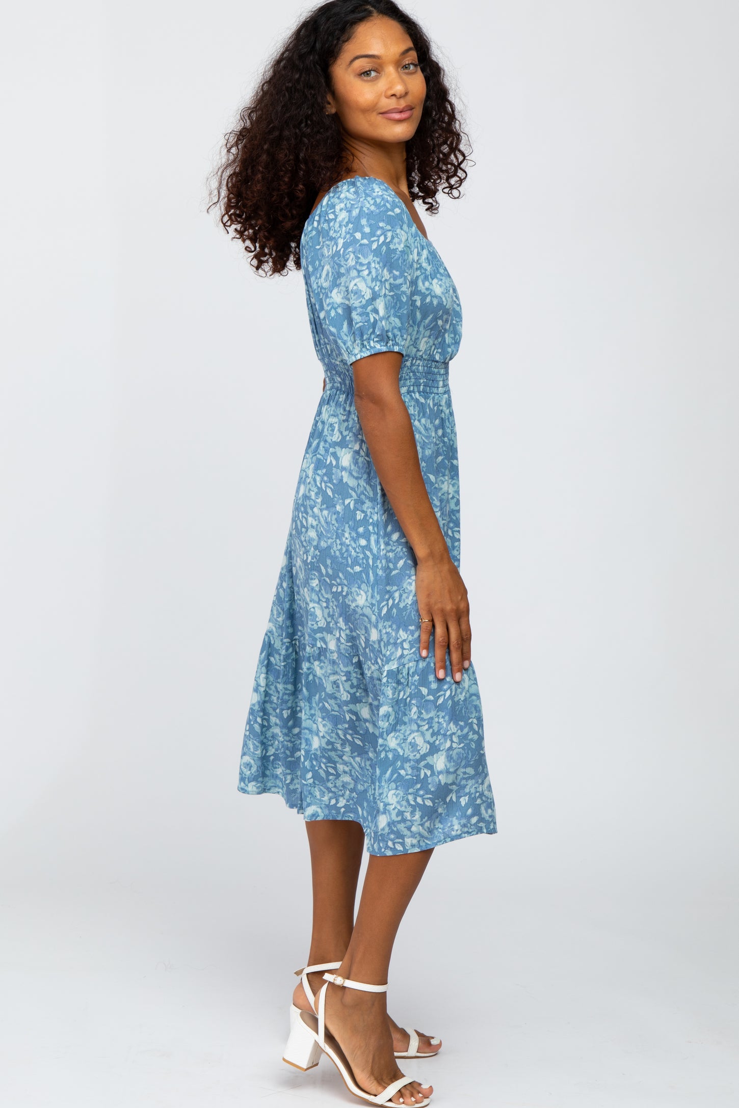 Blue Floral Scoop Neck Bubble Sleeve Midi Dress
