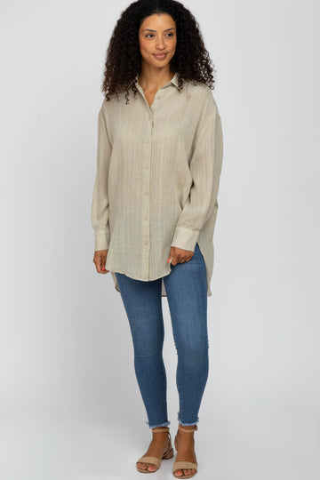 Beige Lightweight Sheer Button Down Blouse