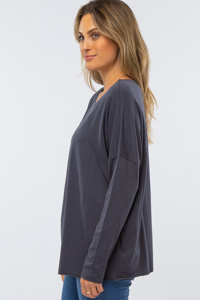Charcoal Raw Hem Long Sleeve Top