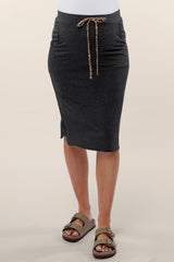 Charcoal Animal Print Tie Front Accent Maternity Skirt