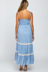 Light Blue Floral Smocked Crochet Accent Maternity Maxi Dress