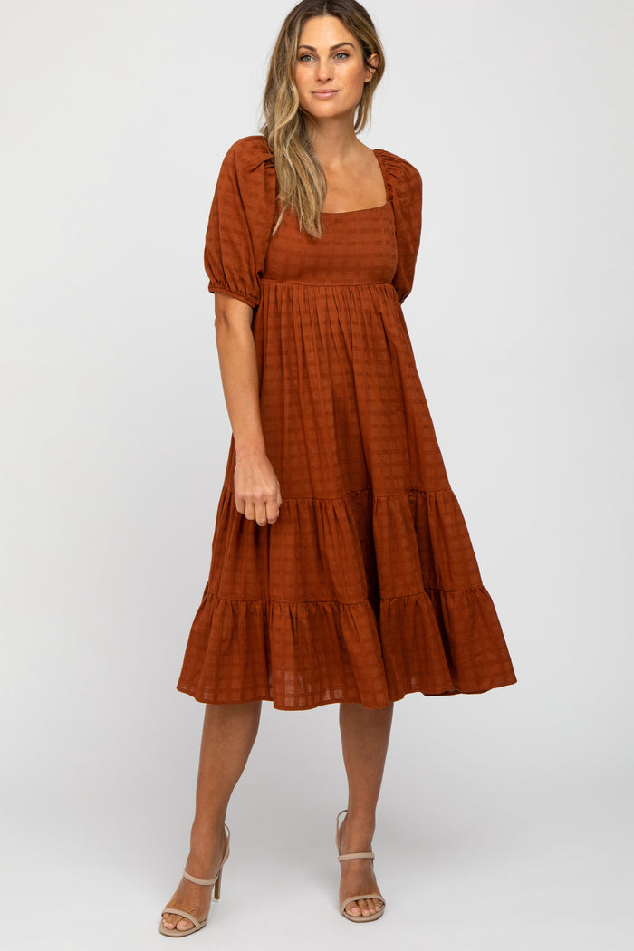 Rust Plaid Square Neck Maternity Midi Dress