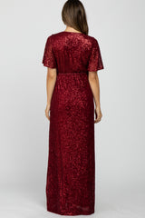 Burgundy Sequin Short Sleeve Maternity Maxi Dress