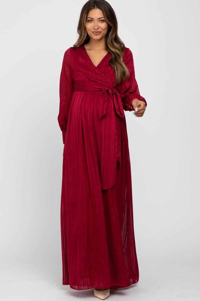 Burgundy Metallic Striped Chiffon Maternity Maxi Dress