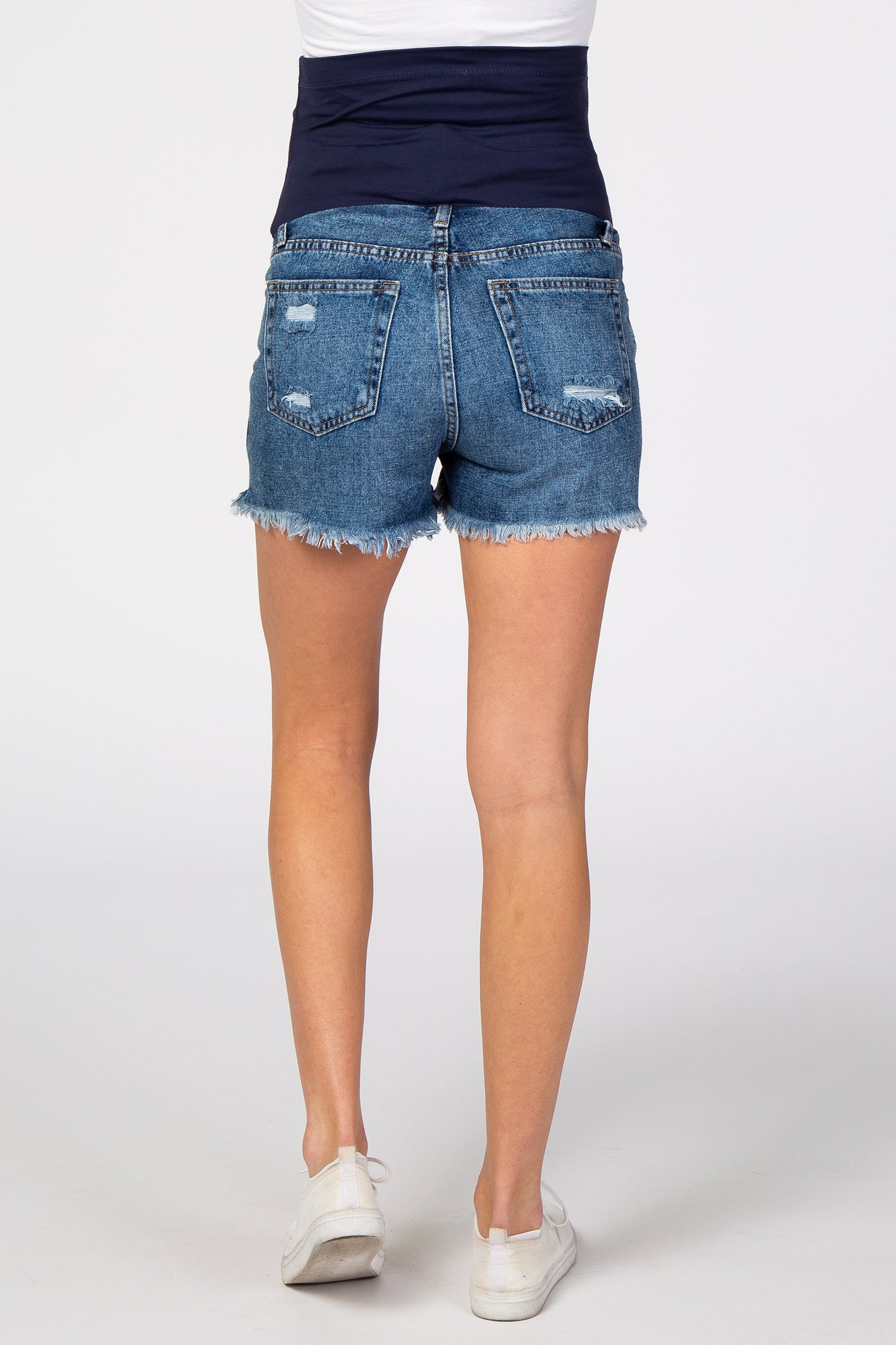 Blue Distressed Petite Maternity Denim Shorts