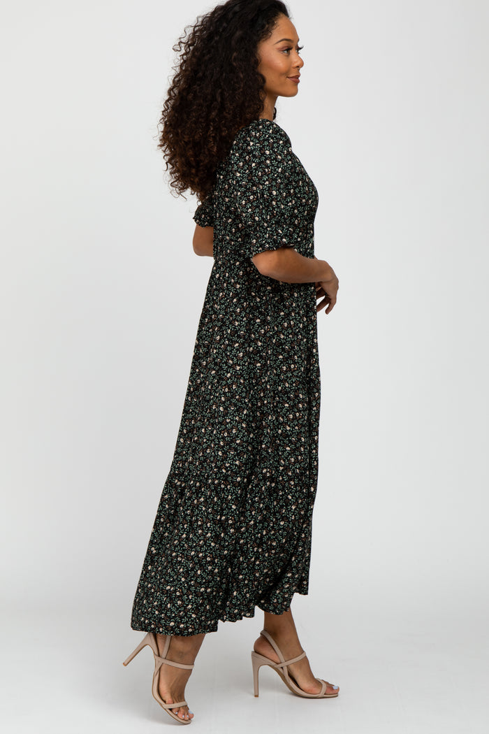 Green Floral V-Neck Ruffle Sleeve Midi Dress