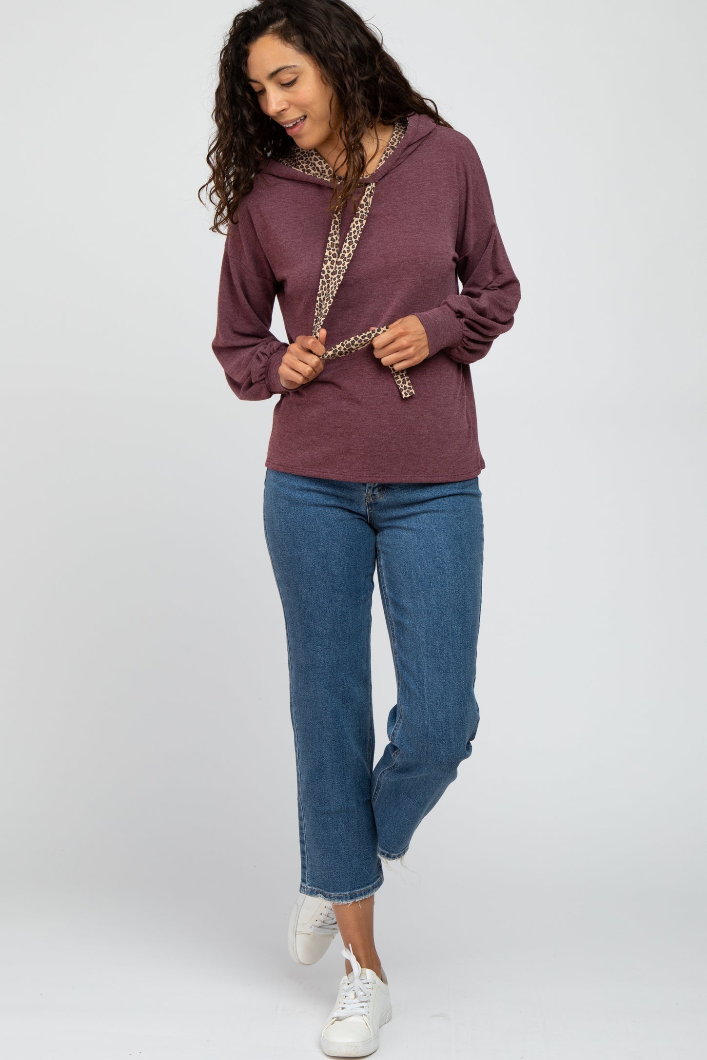 Plum Animal Print Drawstring Hooded Top