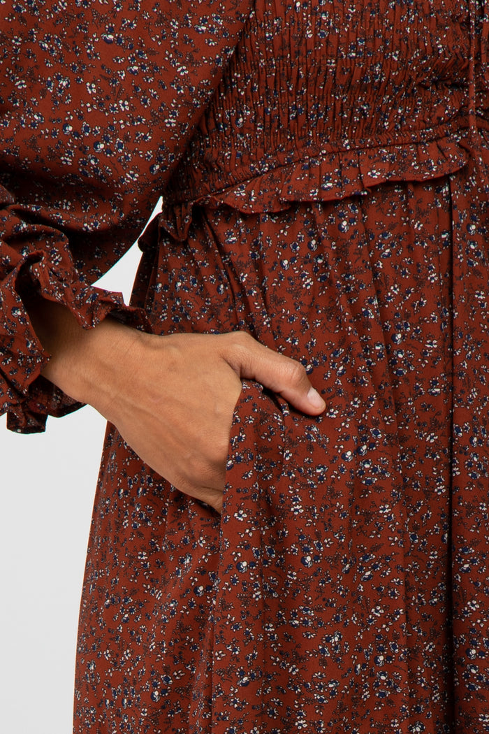Rust Floral Ruffle Neck Midi Dress